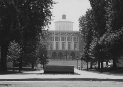 A sepia tone photo of the Young Library from Rose Street before it's dedication in 1998. This photo was donated to UARP on May 1, 2003 by Teresa Burgett, Reference Librarian at Young Library