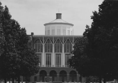 A sepia tone photo of the Young Library from University Drive before it's dedication in 1998. This photo was donated to UARP on May 1, 2003 by Teresa Burgett, Reference Librarian at Young Library