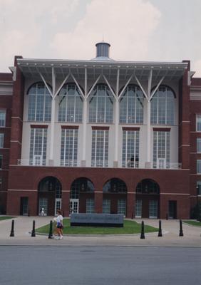 A color photo of the main entrance of Young Library from University Drive before it's dedication in 1998. This photo was donated to UARP on May 1, 2003 by Teresa Burgett, Reference Librarian at Young Library
