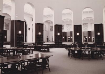 A sepia tone photo of the inside of the domed reading room on the fifth floor. This photo was taken before it's dedication in 1998. This photo was donated to UARP on May 1, 2003 by Teresa Burgett, Reference Librarian at Young Library