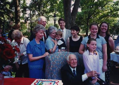 Celebration: July 11, 2002; Actual Birthday: July 14, 1903. Dr. Thomas D. Clark seated, daughter , Elizabeth with her hand on the chair and behind her is Dr. Clark's son, Bennett Clark