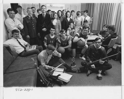 Members of Farm House fraternity exhibit their various talents (academics, martial arts, basketball, military, law, ect.). This photo appears first on page 333 in the 1969 Kentuckian