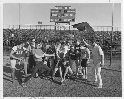 Members of Zeta Beta Tau pose on Stoll Field with various pieces of athletic equipment. This photo appears first on page 340 in the 1969 Kentuckian