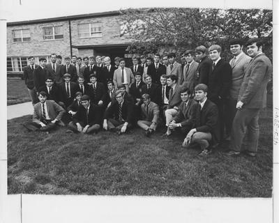 Members of Lambda Chi Alpha fraternity in front of their house. This photo appears first on page 334 in the 1969 Kentuckian
