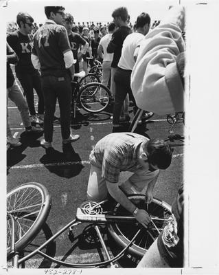 Fraternity members participate in bicycle races (Kappa Sigma shirts are visible). This photo appears first on page 278 in the 1969 Kentuckian