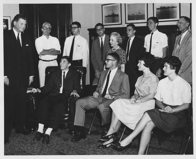 UK students going to Washington for summer work; from left to right: Senator Thruston Morton, unidentified, Dave Graham, unidentified, and Barbara Johnson