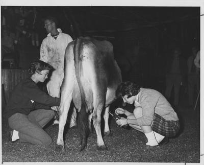 On the left is Bonnie Dorton, milking a cow in a soft drink bottle