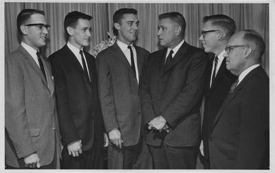 Omicron Delta Kappa Initiates; from left to right: Richard C. Roberts, Bob Chambless, Whayne Priest, Jesse Stuart, John A. Deacon, Dr. R. H. Weaver. Photographer: Herald-Leader. Received December 17, 1958 from Public Relations