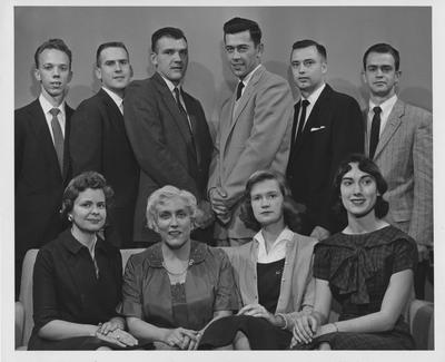 Phi Beta Kappa--seated: Mrs. Helen Wood, Mrs. Weissinzer, Phoelie Beckner Estes, Susan Darnell; standing: Charles Cawood, Richard Roberts, John Stoeckinzer, Elmer Schoenbachler, Stanley Tduffman, and Max Tdaris. Received December 18, 1958 in Public Relations