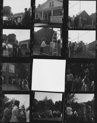 Students in front of the Fine Arts building (left, top row, small print); Catholic Student Center (center, top row, small print); Students in front of Episcopal Student Center (right, top row, small print); Students and priest standing in front of the Fine Arts building (left, second row, small print); Two students: Mary Glenn Keightly left and unidentified (center, second row, small print); Students near Episcopal Church (right, second row, small pint); Students in front of the Student Union (left, third row, small print)