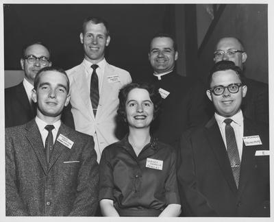 Religious leaders of the religious groups for students at the University of Kentucky; Front Row (left to right): Charles Garrison, advisor of Christian Student Fellowship, Sondra Search, director of University YMCA, Ed McLachlan, advisor of Disciples Student Fellowship; Back Row (left to right): John King, chairman of campus religious activities, Charles Harbor, president of Interfaith Council, Father Elmer Moore, advisor of Newman Club, Reverend Rolland Bentrup, Lutheran Church