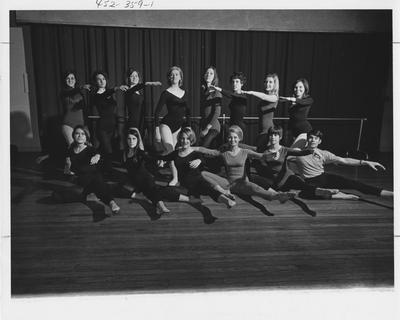 Tau Sigma of Orchesis, 1969; thirteen women and one man in pose; This image is in the 1969 Kentuckian on page 359, image 1