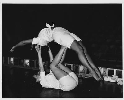 Two unidentified members of the Troupers.  The Troupers were part of the Physical Education Department but included students from all colleges.  They primarily perfomed gymnastics and dance in Memorial Hall