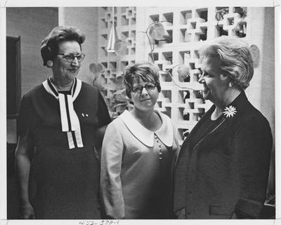 Three older women at the Kappa Delta Phi house; This photo is in the 1969 Kentuckian on page 380, picture 1