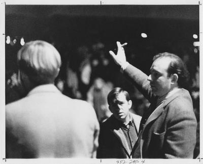 Men speak during a protest; This image is in the 1969 Kentuckian on page 295, image 4