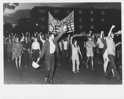 Students protest by marching through Central Campus in reaction to the Kent State shootings