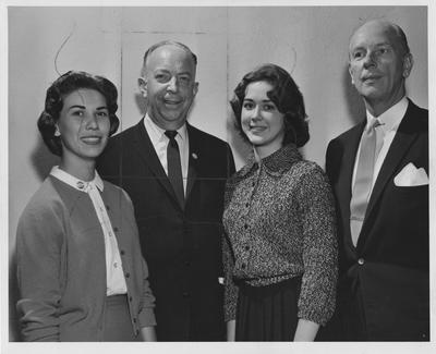 Lieutenant Governor Wilson Wyatt and John M. Robinson, former Congressman and 1959 Republican nominee for governor, visit the University of Kentucky to debate the merits of the presidential candidates; From Left to right: Paula Judd, cochairman of the program; Wyatt, speaking on behalf of John Kennedy; Jo Hern, other co-chair; and Robinson, speaking on behalf of Richard Nixon; Lexington Herald - Leader staff photo