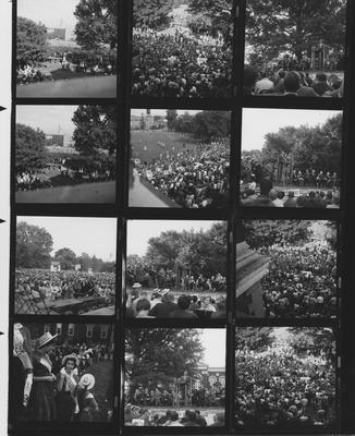 John F. Kennedy, Democratic Presidential candidate, speaking in front of the Administration Building on the University of Kentucky campus in 1960; From left to right on stage seated: former Governor A. B. 
