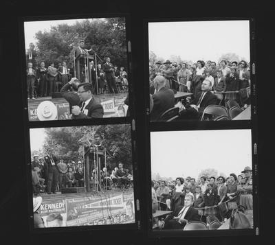 John F. Kennedy, Democratic Presidential candidate, speaking in front of the Administration Building on the University of Kentucky campus in 1960; From left to right on stage seated: former Governor A. B. 