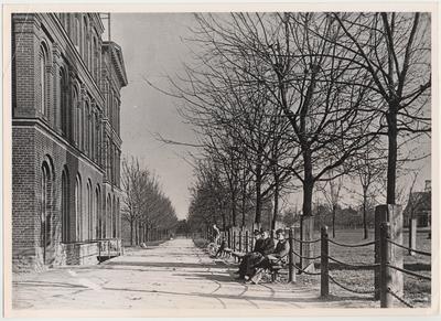 Men sitting on the President's walk near the first men's dormitory 