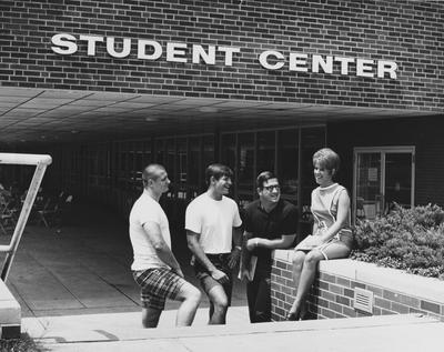 Students socializing in front of the Student Center