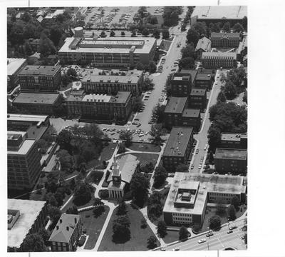 Aerial view of central University of Kentucky campus including Memorial Hall and the Chemistry/Physics Building; Photo used for the University of Kentucky: Now and Then book project