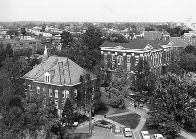 Aerial view of campus showing the Gillis Building (foreground) and the Administration Building (background)