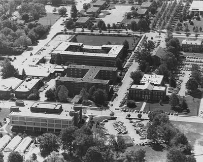 Aerial view of campus; Left foreground: Biological Sciences Building, Donovan and Haggin dormitories, and Fraternity Row