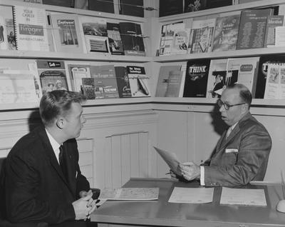 From left to right: Don Williams, a 1957 Commerce graduate; J. H. Barris, personnel manager for Shell Oil Co., Indianapolis, Indiana