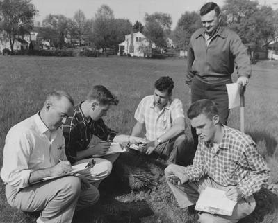 Agronomy class; From left to right: Archie B. Gragg, David L. Ueltschi, Raymond A. Hayes, Dr. Harry H. Bailey, Warren R. Wilson