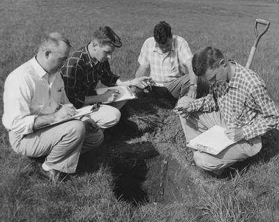 Agronomy class; From left to right: Archie B. Gragg, David L. Ueltschi, Raymond A. Hayes, Dr. Harry H. Bailey, Warren R. Wilson