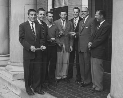 Dairy scholarship recipients; From left to right: Kenneth Evans, Robert Goodlett, Kenneth Whitis, Ralph Gillum, Aubrey Etherington, Dr. Frank J. Welch, Dr. Theodore R. Freeman