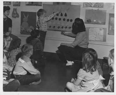 A woman teaching children how to count