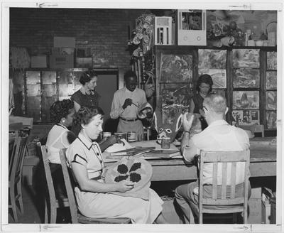 An art class; From left to right: Sara Kelly, Bell Bryant, Sally C. Johnson, Charles Houston, Betty Lane, and Paul Johnson
