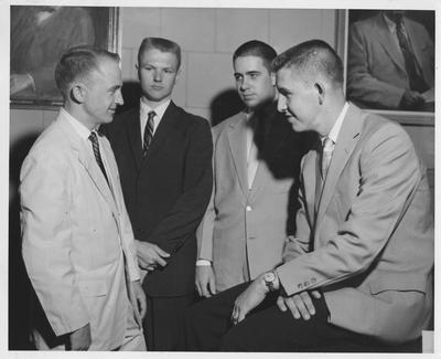 Scholarship winners at the University of Kentucky include these electrical engineering students who were awarded $500 grants for the 1958 - 1959 school year from International Telephone & Telegraph Company; They are from left: Robert H. Adams, Louisville; Norman Y. Cravens, Owensboro; Emil B. Perry, Georgetown; and Donald L. Ockerman, Burlington; These grants were based on scholastic achievement