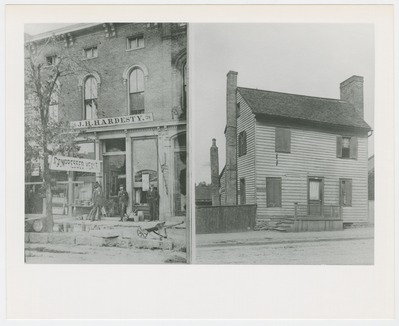 [Right (a)] One of the first homes in Lexington - owned by the Geohagans; [Left (b)] J.H. Hardesty Store - sold various sundries as indicated by the signs