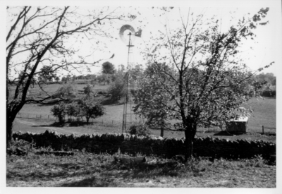 Country scene; windmill, rock wall and pasture