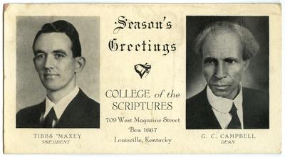 Advertisement for College of the Scriptures, Lousiville, Kentucky picturing President of the school Tibbs Maxey and Dean of the school G. C. Campbell