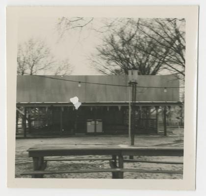 Picnic area with building and string lights, Joyland Park