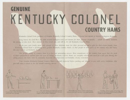 Genuine Kentucky Colonel Country Hams, man sitting down to eat a ham, Joyland Park; advertisement pamphlet