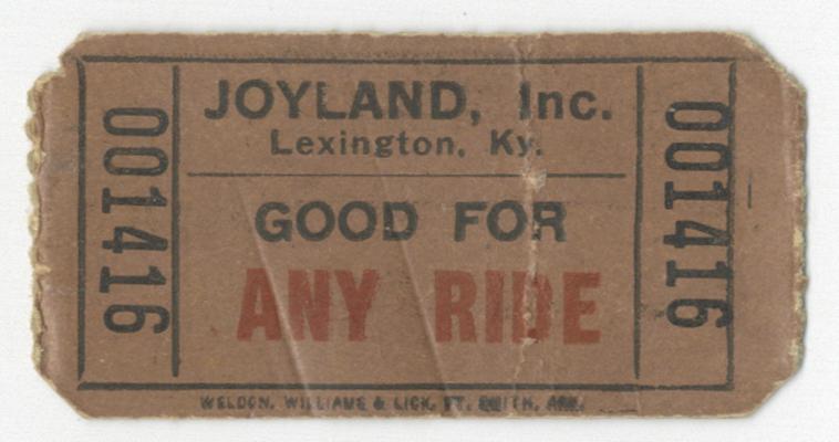 Joyland Inc. Lexington, Ky. Good for any ride. 001416; Joyland Park; Brown ticket