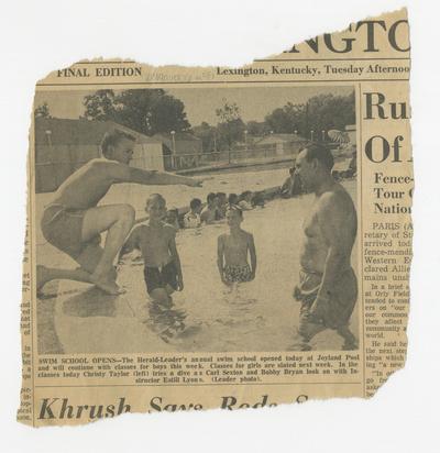Newspaper clipping, Swim School Opens, classes for boys at Joyland pool are this week, girls are next week, picture of boys in water; Joyland Park