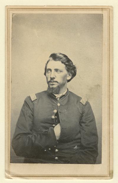 Unidentified Union officer, 1st Lieutenant shoulder boards are visible on uniform; written in pencil on back: [illegible] Clark Co Ky. (Smith & Wybrant, Louisville, KY)