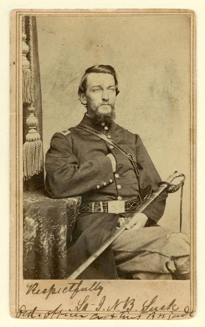 1st Lieutenant Joseph Napoleon Bonaparte Lusk (1837-1907), U.S.A., 1st Tennessee Cavalry, Company L; written in ink on front: Respectfully / Lt J.N.B. Lusk / [illegible] officer Croxton's Brigade (Giers & Co., Nashville, TN)