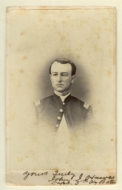 Captain John I. Hawes (?-?), U.S.A.; 5th Kentucky Battalion, Independent Battery E, Kentucky Light Artillery; written in the front in ink: Yours Truly / John. I. Hawes / Capt. 5th Ky. Batt. (Elrod Bros., Lexington, KY)
