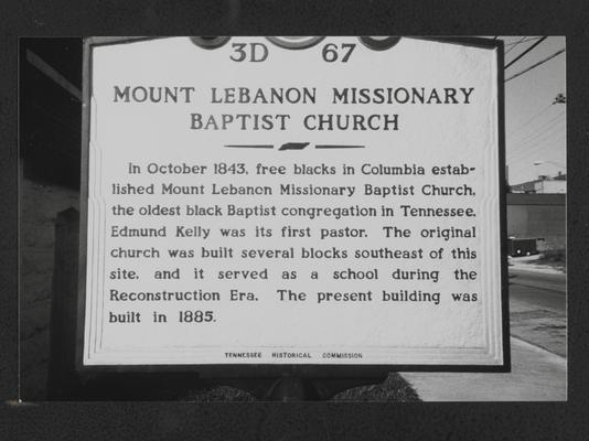 Mount Lebanon Missionary Baptist Church historic marker, Columbia, Tennessee