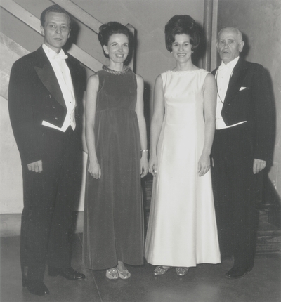 Performance of Niles-Merton Song Cycle Tour with Transylvania University Choir; Left to Right: Donald Prindle, Jacqueline Roberts, Janelle Pope, and John Jacob Niles; Jack Cobb