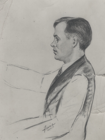 Photograph of a drawing of John Jacob Niles made in Paris; Studio P. Delbo