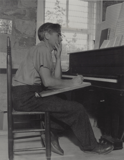 John Jacob Niles composing at piano; Boot Hill Farm
