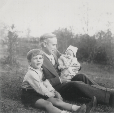 John Jacob Niles with infant son, John Ed, and son Tom Niles; Boot Hill Farm